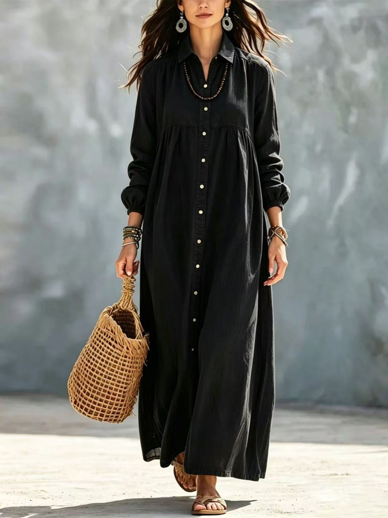 Linen Long Sleeve A-Line Dress