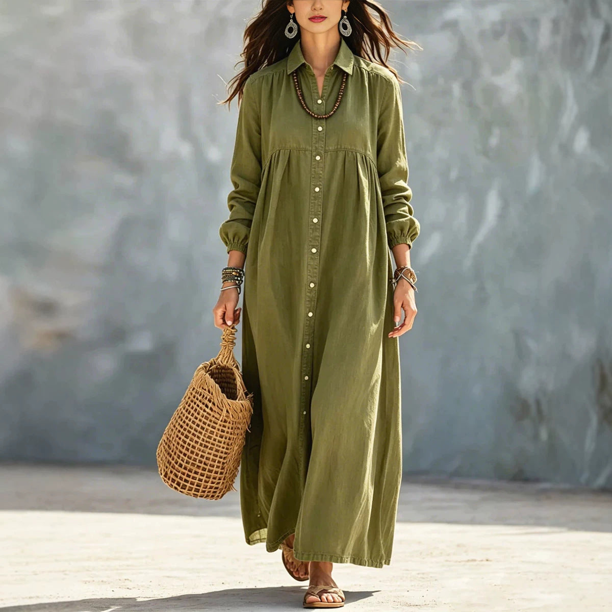 Linen Long Sleeve A-Line Dress