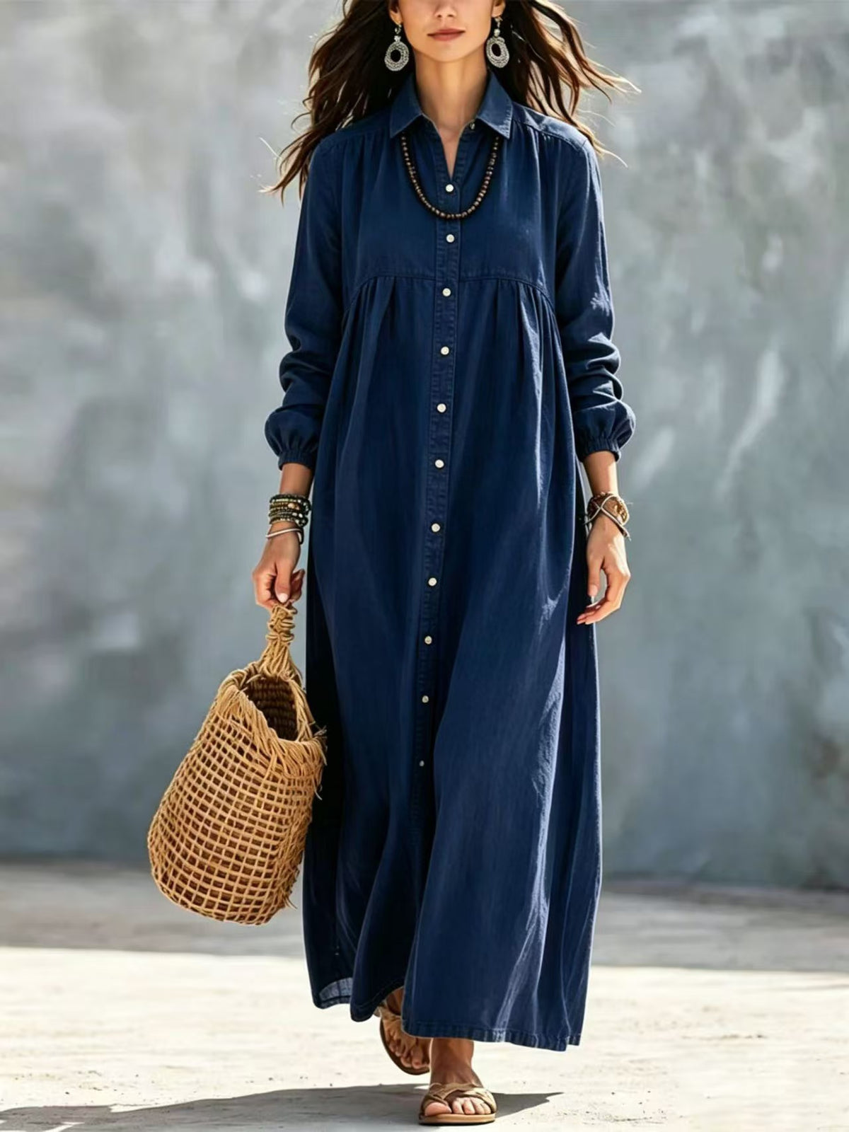 Linen Long Sleeve A-Line Dress