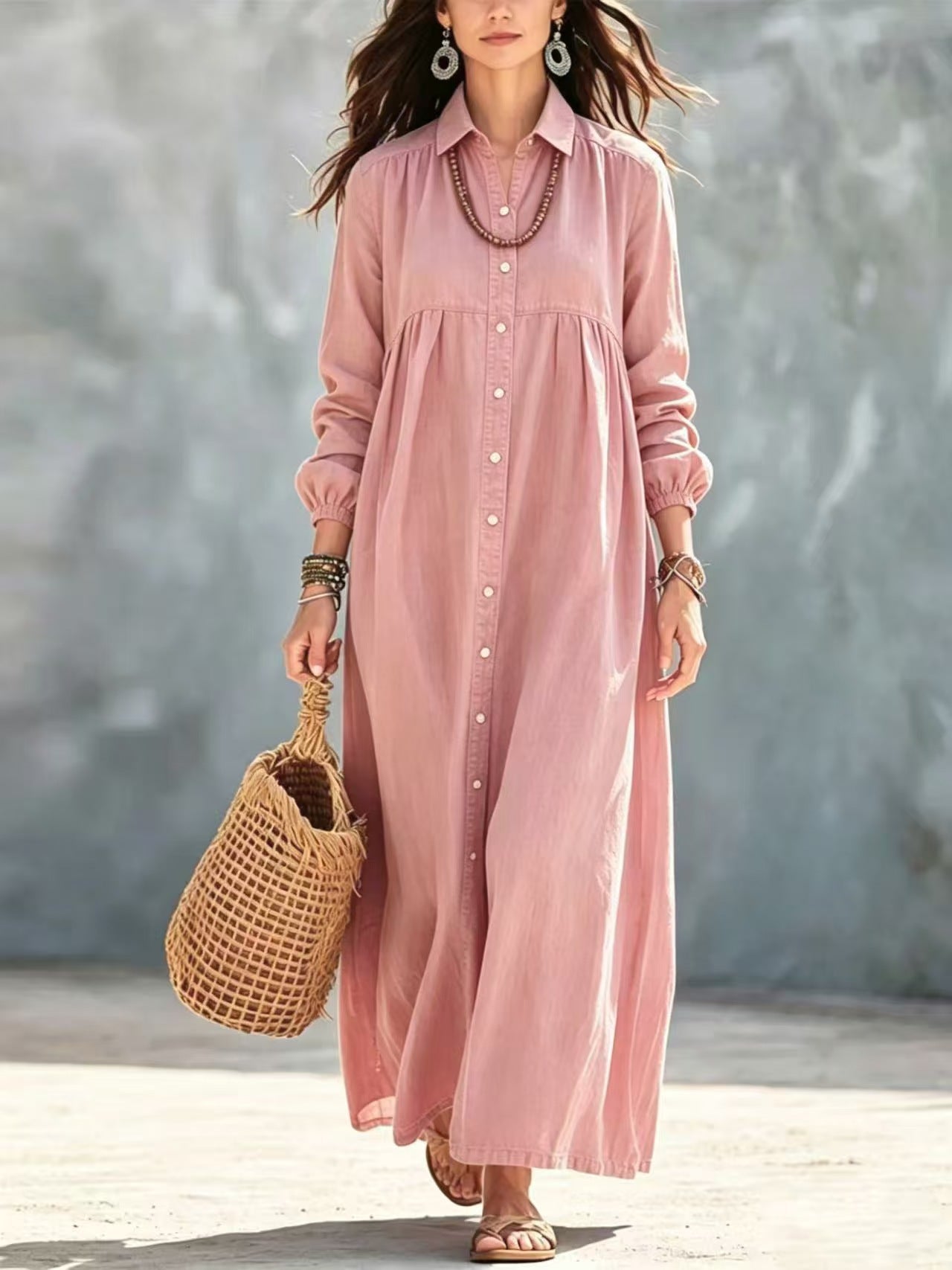 Linen Long Sleeve A-Line Dress